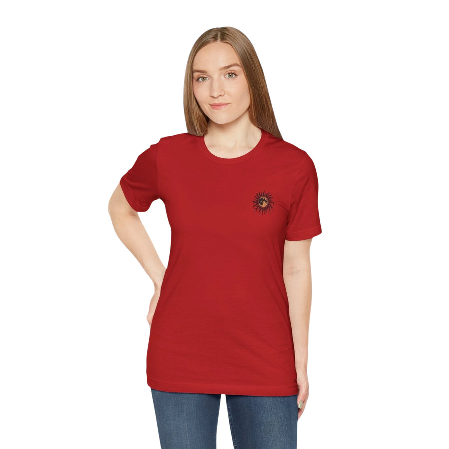 DailyThreadCo. red 100% cotton crew neck t-shirt with a small celestial sun and moon graphic on the left chest.