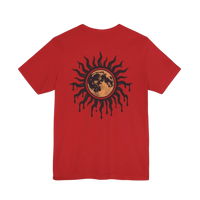 DailyThreadCo. red 100% cotton t-shirt with a celestial sun and moon graphic print on the back.