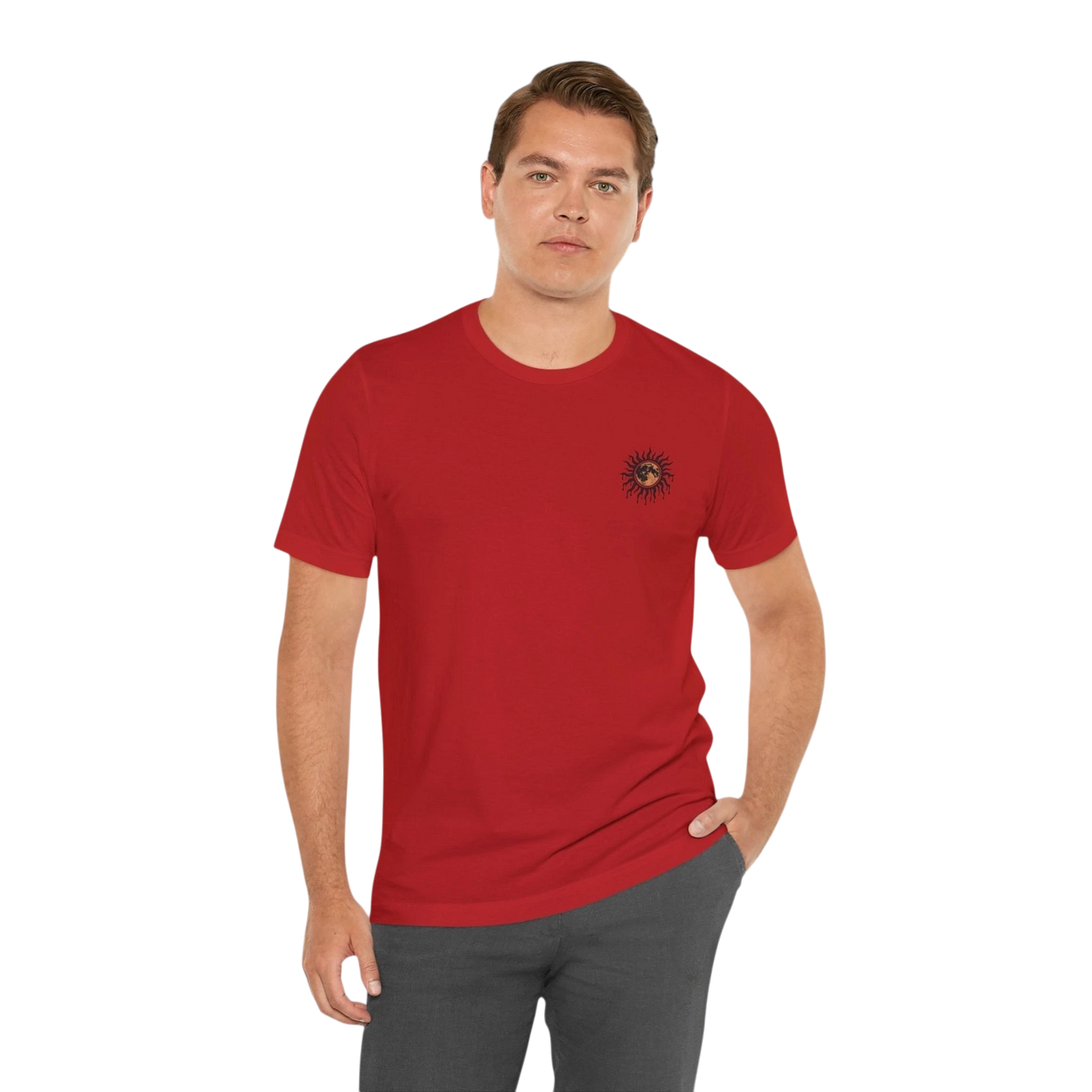 DailyThreadCo. red 100% cotton crew neck t-shirt with a celestial sun and moon graphic on the chest.