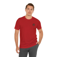 DailyThreadCo. red 100% cotton crew neck t-shirt with a celestial sun and moon graphic on the chest.
