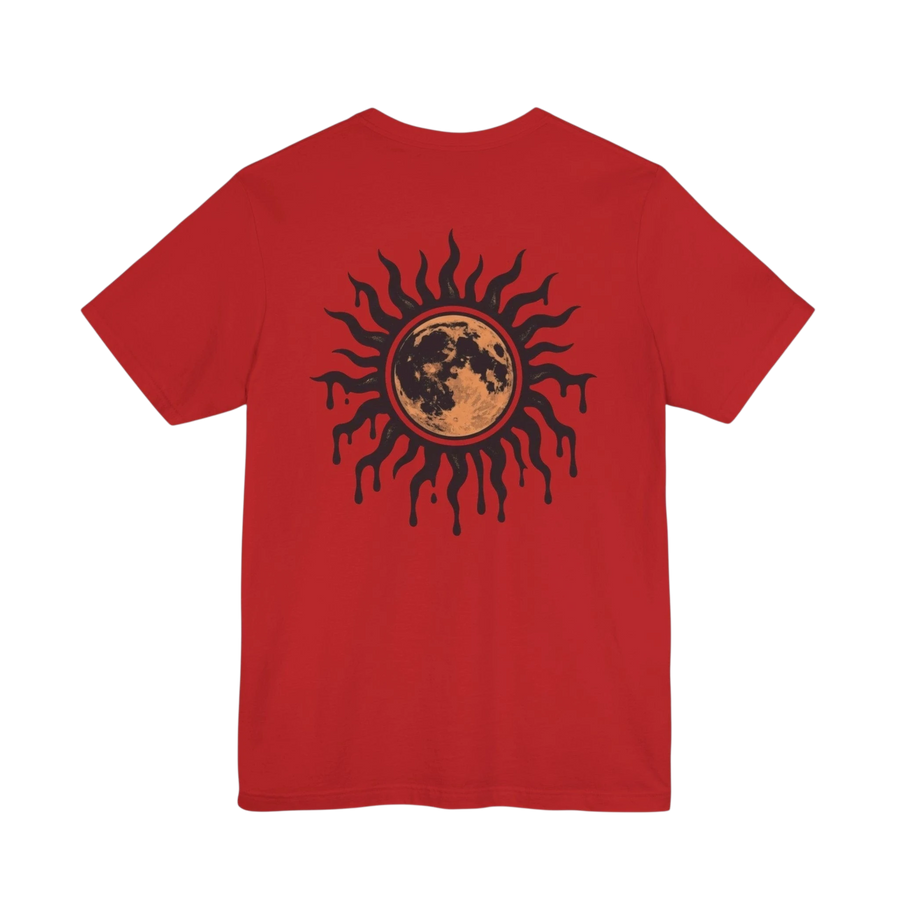 DailyThreadCo. red 100% cotton t-shirt with a celestial sun and moon graphic print on the back.