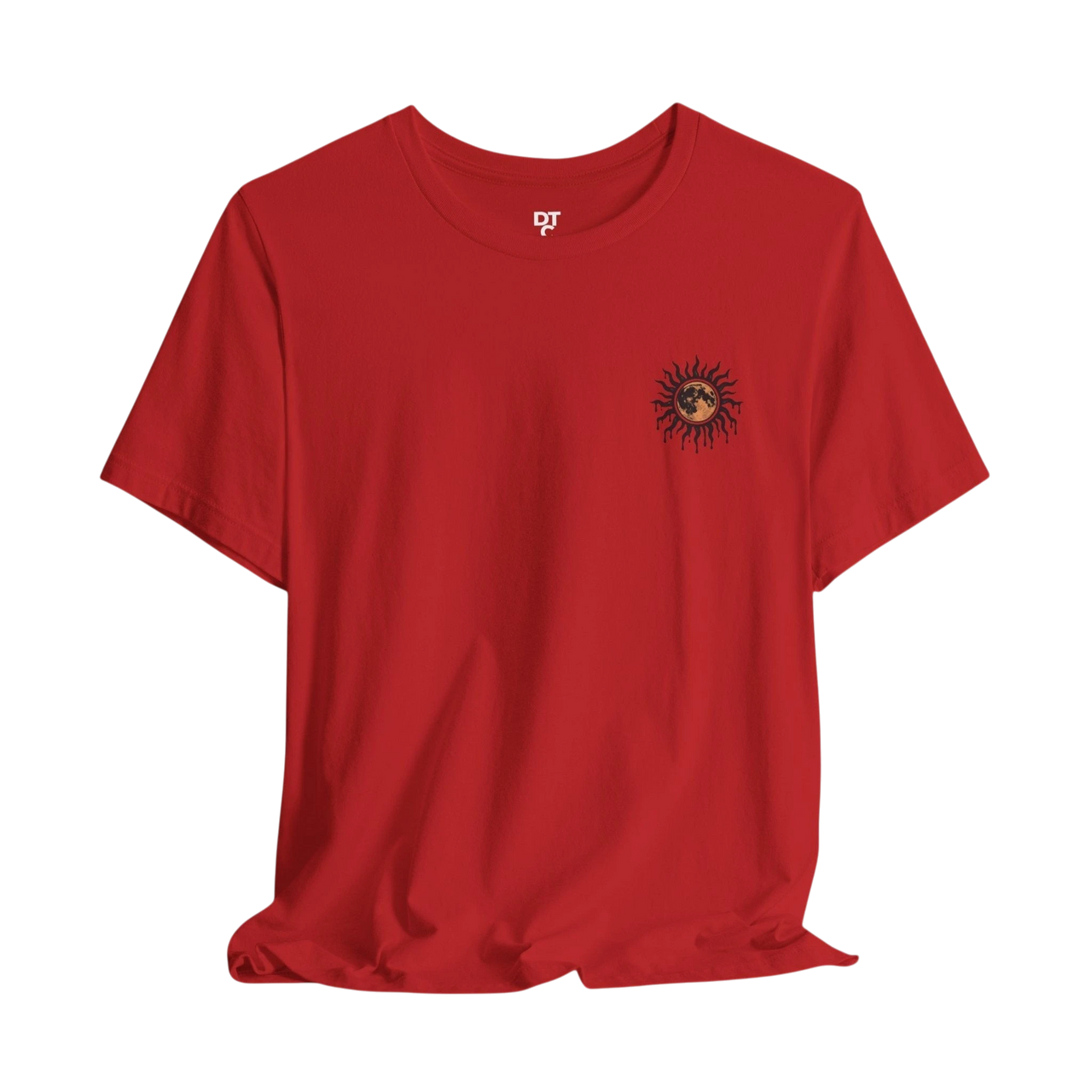 DailyThreadCo. red 100% cotton crew neck t-shirt with a celestial sun and moon graphic on the left chest.