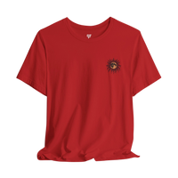 DailyThreadCo. red 100% cotton crew neck t-shirt with a celestial sun and moon graphic on the left chest.