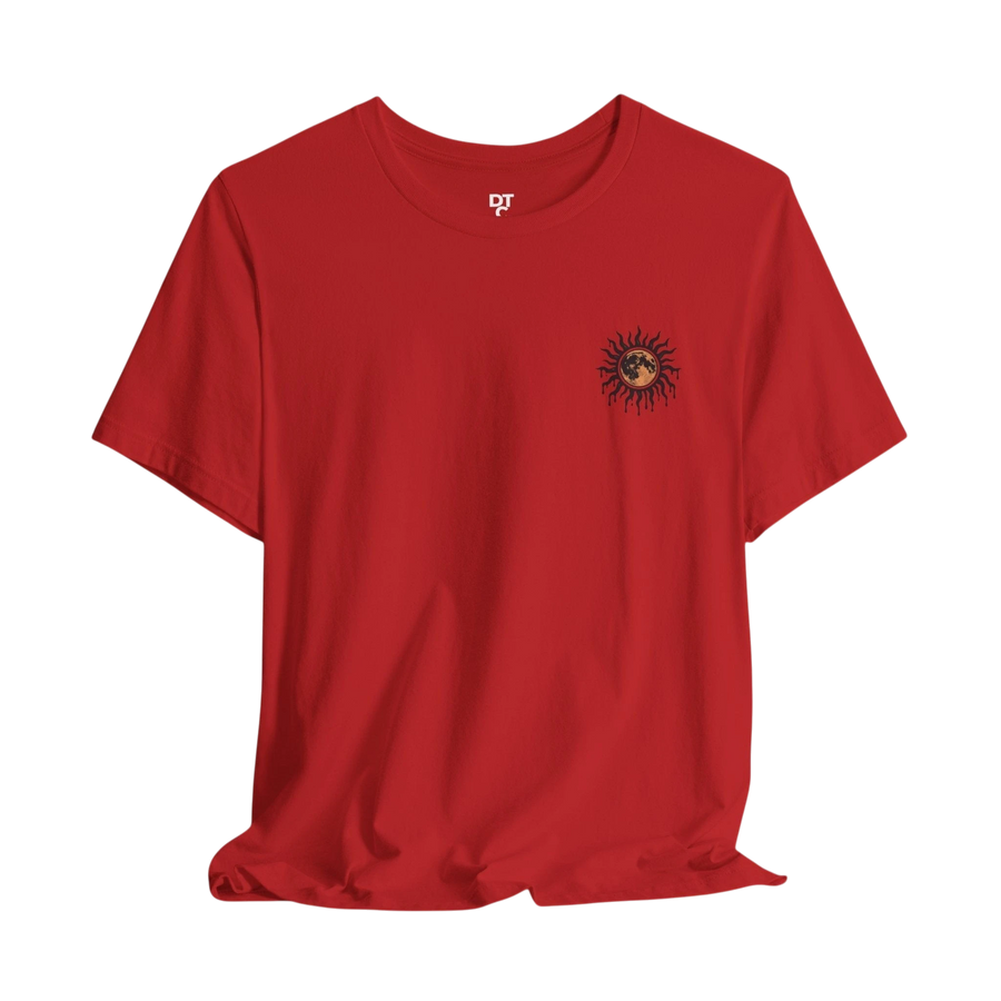 DailyThreadCo. red 100% cotton crew neck t-shirt with a celestial sun and moon graphic on the left chest.