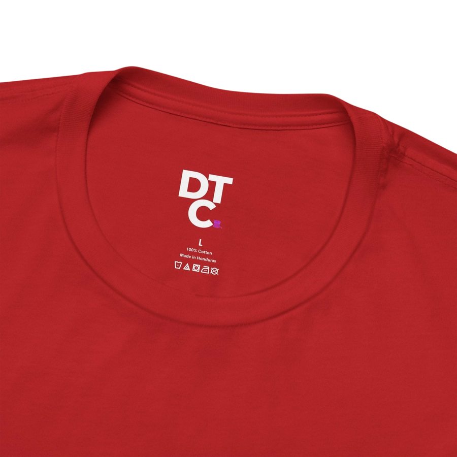 DailyThreadCo red 100% cotton crew neck t-shirt with 'Zero Given' graphic and DTC logo on tag.