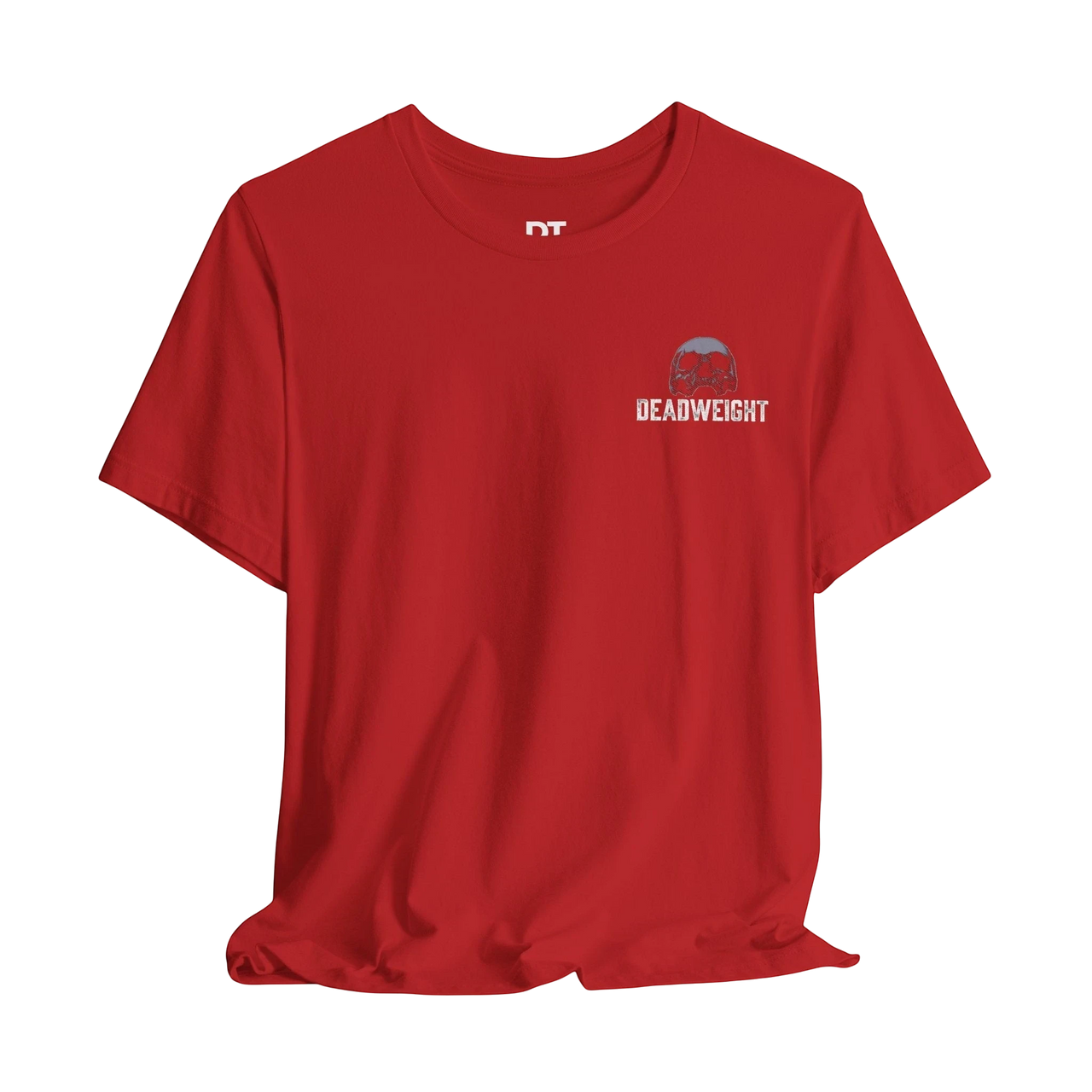 DailyThreadCo. red cotton graphic tee with 'Deadweight' skull logo on chest and bold back text.