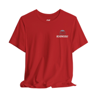 DailyThreadCo. red cotton graphic tee with 'Deadweight' skull logo on chest and bold back text.
