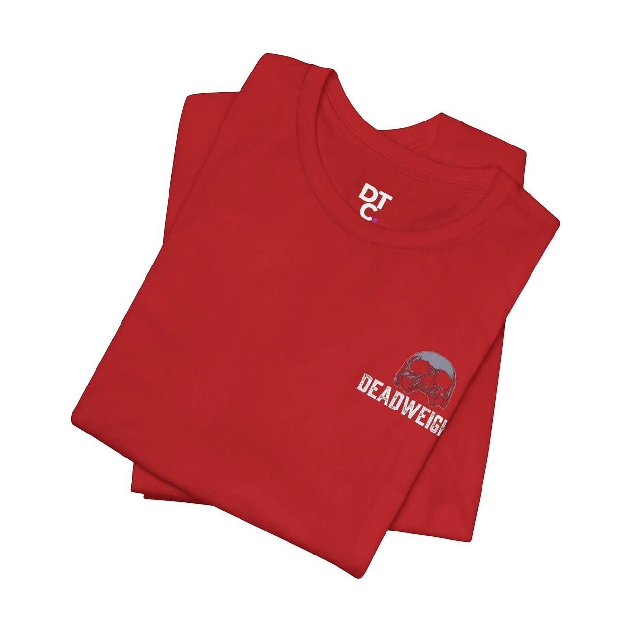 DailyThreadCo. red cotton graphic tee with "DEADWEIGH" text and skull emblem on chest. Retail fit, crew neck.
