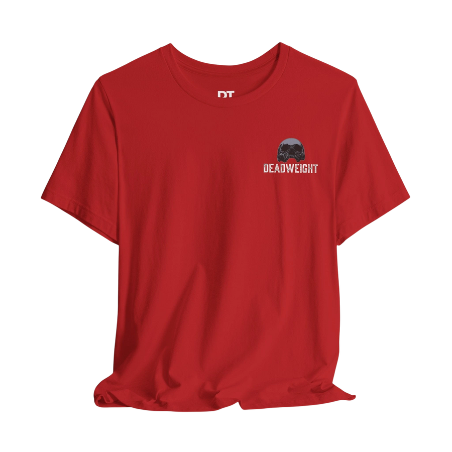 DailyThreadCo. red 100% cotton t-shirt with small chest logo and bold back graphic. Motivational tee.