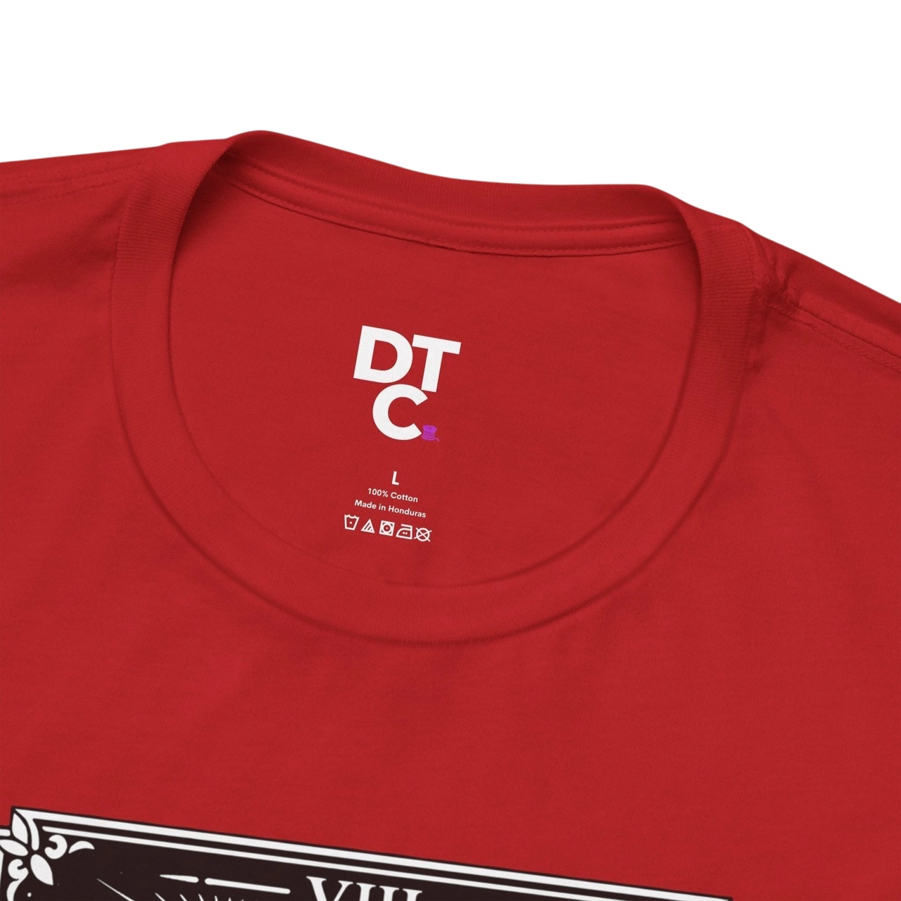 DailyThreadCo. red 100% cotton crew neck t-shirt with vintage Strength tarot card illustration of woman and lion.