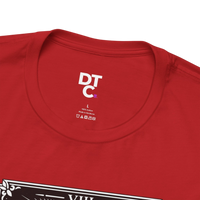 DailyThreadCo. red 100% cotton crew neck t-shirt with vintage Strength tarot card illustration of woman and lion.