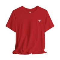 DailyThreadCo. red 100% cotton t-shirt with a small white DT logo on the left chest.