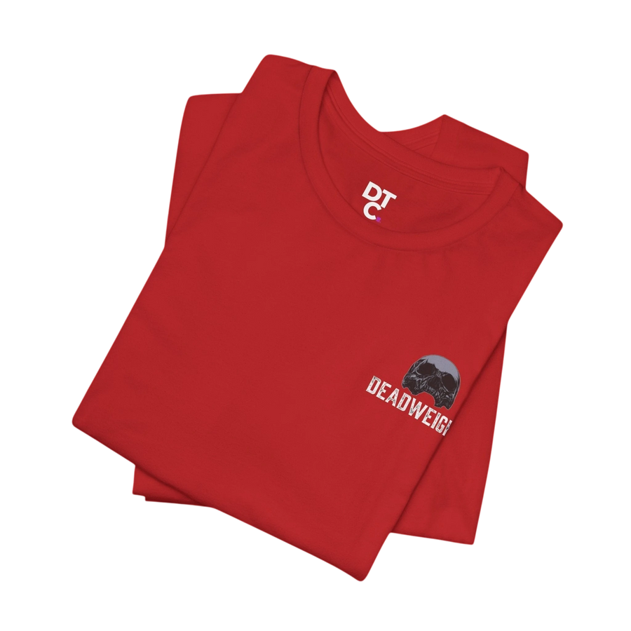 DailyThreadCo. red cotton t-shirt with distressed skull graphic and "DEADWEIGHT" text on chest.