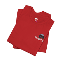 DailyThreadCo. red cotton t-shirt with a small DTC logo on the chest and a skull graphic with text.