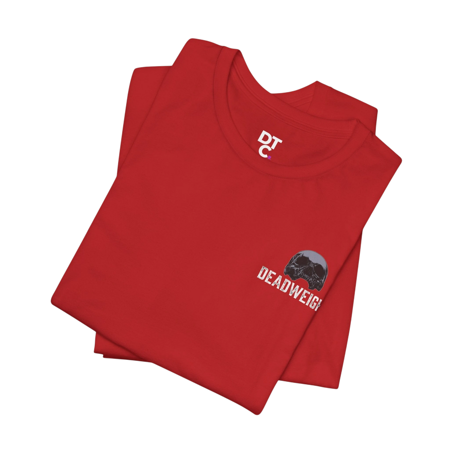 DailyThreadCo. red cotton t-shirt with a small DTC logo on the chest and a skull graphic with text.