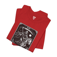 DailyThreadCo. red 100% cotton t-shirt with Death Tarot card graphic print. Features a skeleton rider and scythe.