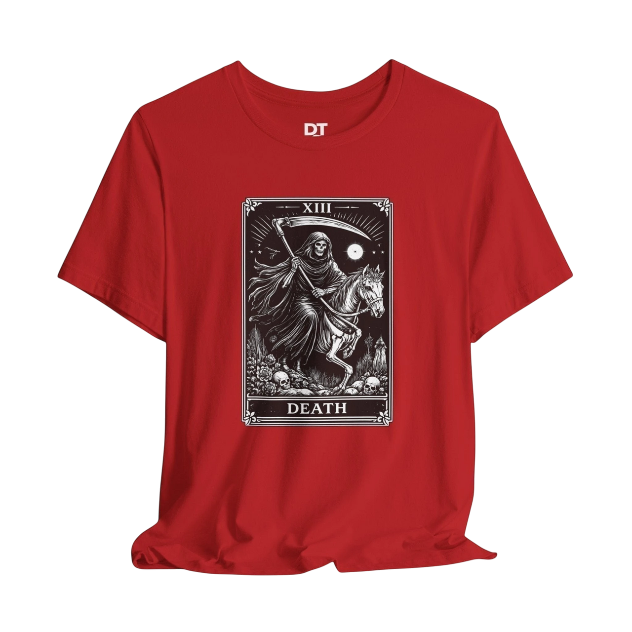 DailyThreadCo. red cotton t-shirt with a monochrome Death Tarot card graphic featuring a skeleton on a horse.