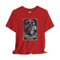 DailyThreadCo. red cotton t-shirt with a monochrome Death Tarot card graphic featuring a skeleton on a horse.