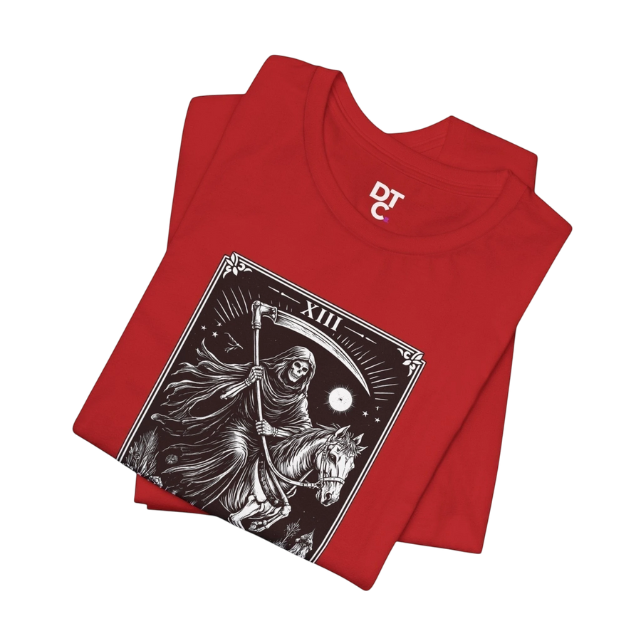 DailyThreadCo. red 100% cotton t-shirt with Death Tarot card graphic print. Features a skeleton rider and scythe.