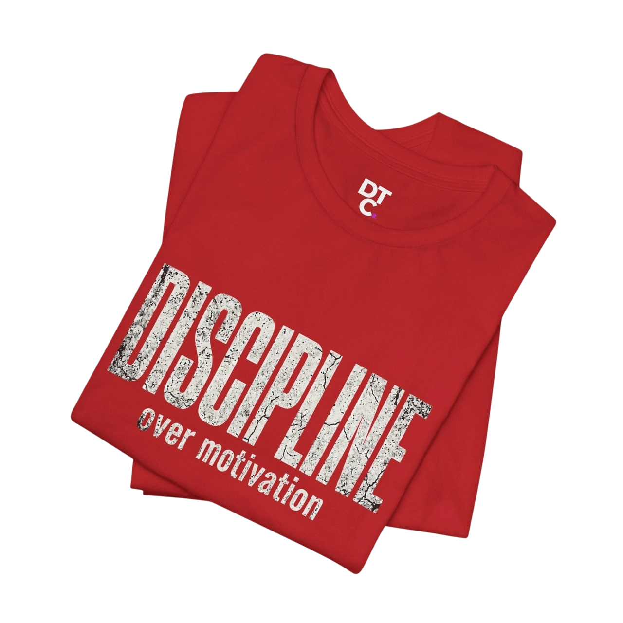 DailyThreadCo. red cotton t-shirt with distressed white text reading "DISCIPLINE over motivation" and a small DT C logo on the collar.