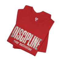 DailyThreadCo. red cotton t-shirt with distressed white text reading 