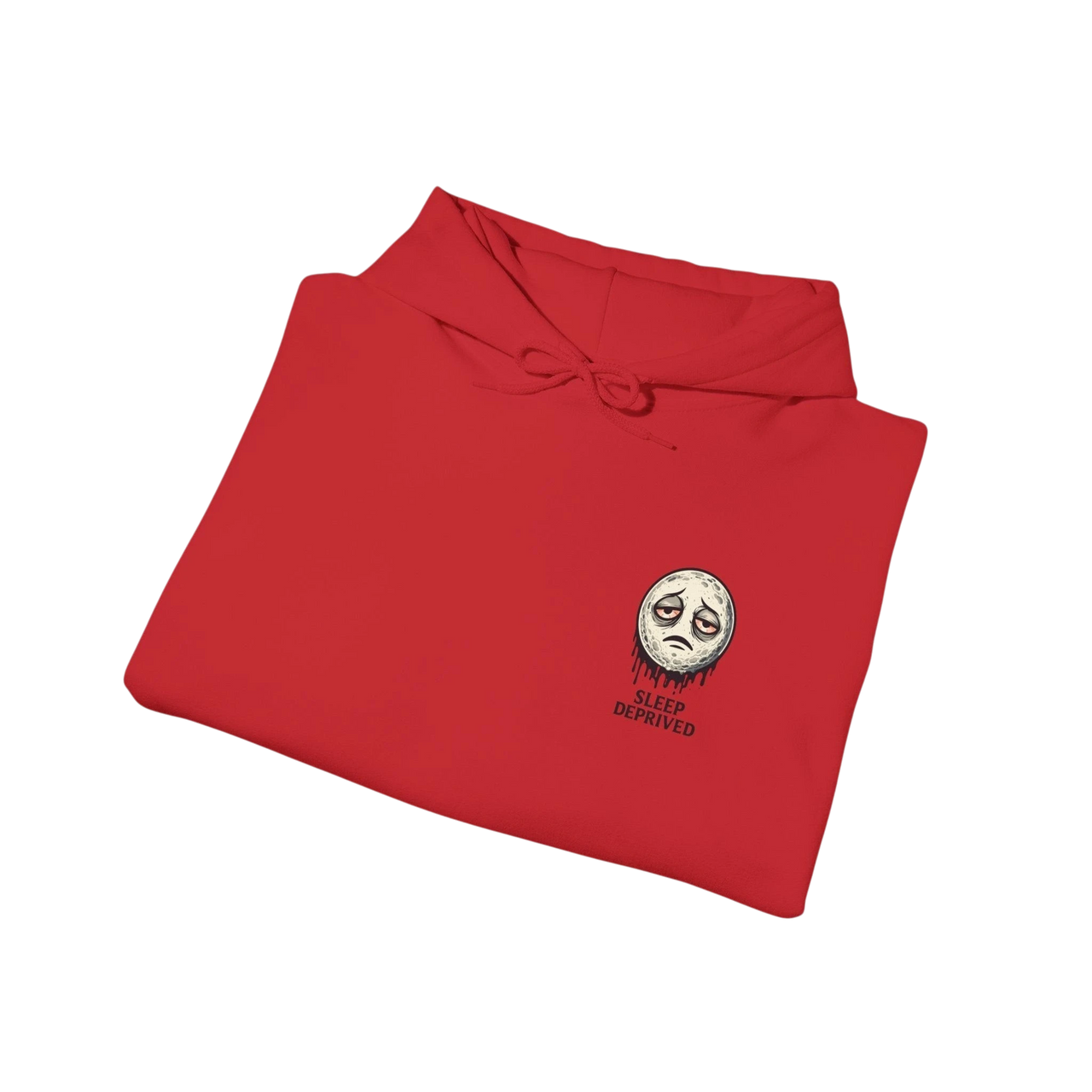 DailyThreadCo. red cotton-poly fleece hoodie with a dripping moon graphic and "SLEEP DEPRIVED" text on the chest.
