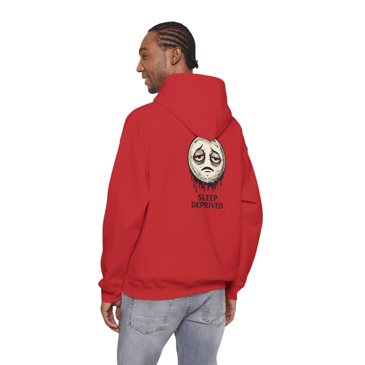 DailyThreadCo. red cotton-poly blend hoodie with a dripping moon graphic and "SLEEP DEPRIVED" text on the back.