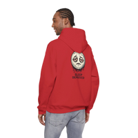 DailyThreadCo. red cotton-poly blend hoodie with a dripping moon graphic and 