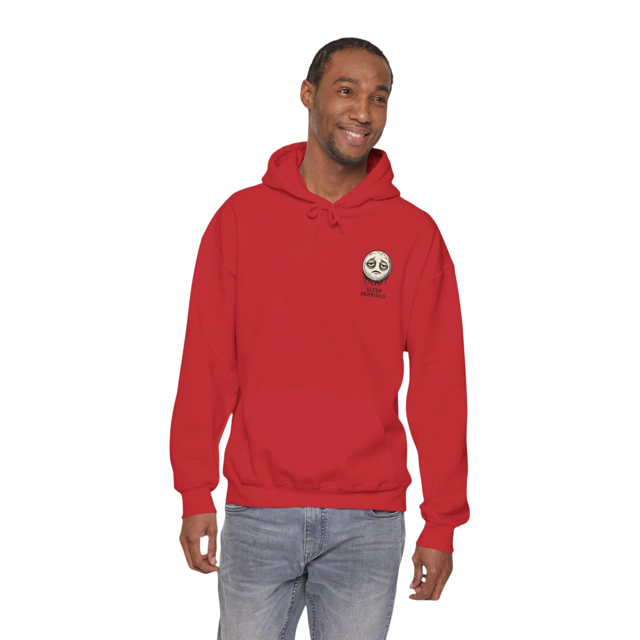 DailyThreadCo. red cotton-poly blend hoodie with a dripping moon graphic and "SLEEP DEPRIVED" text on the chest.