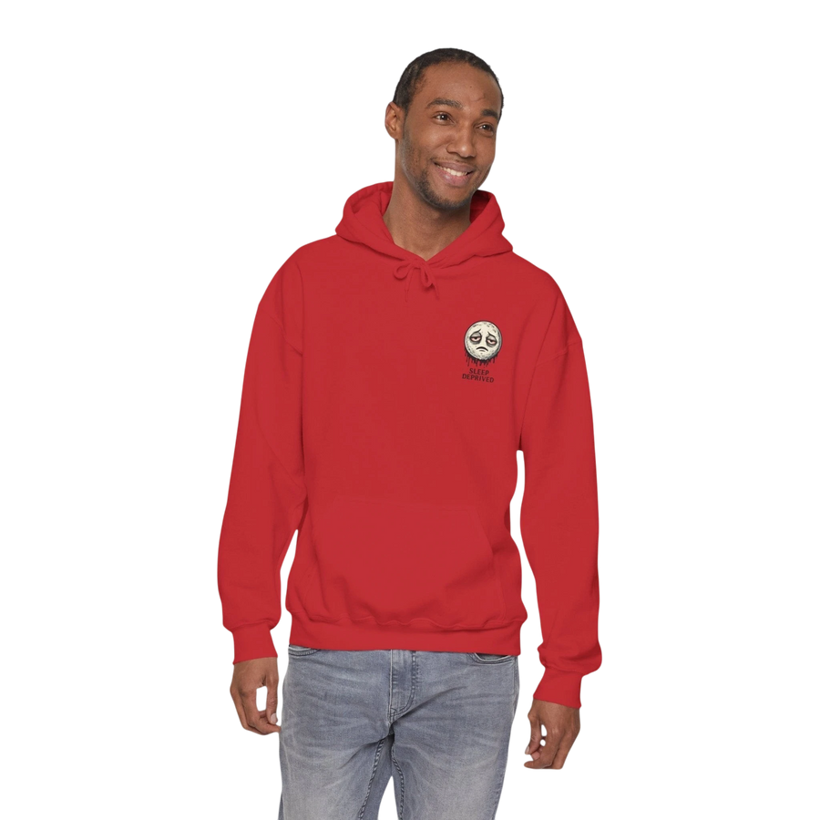 DailyThreadCo. red cotton-poly blend hoodie with a dripping moon graphic and "SLEEP DEPRIVED" text on the chest.