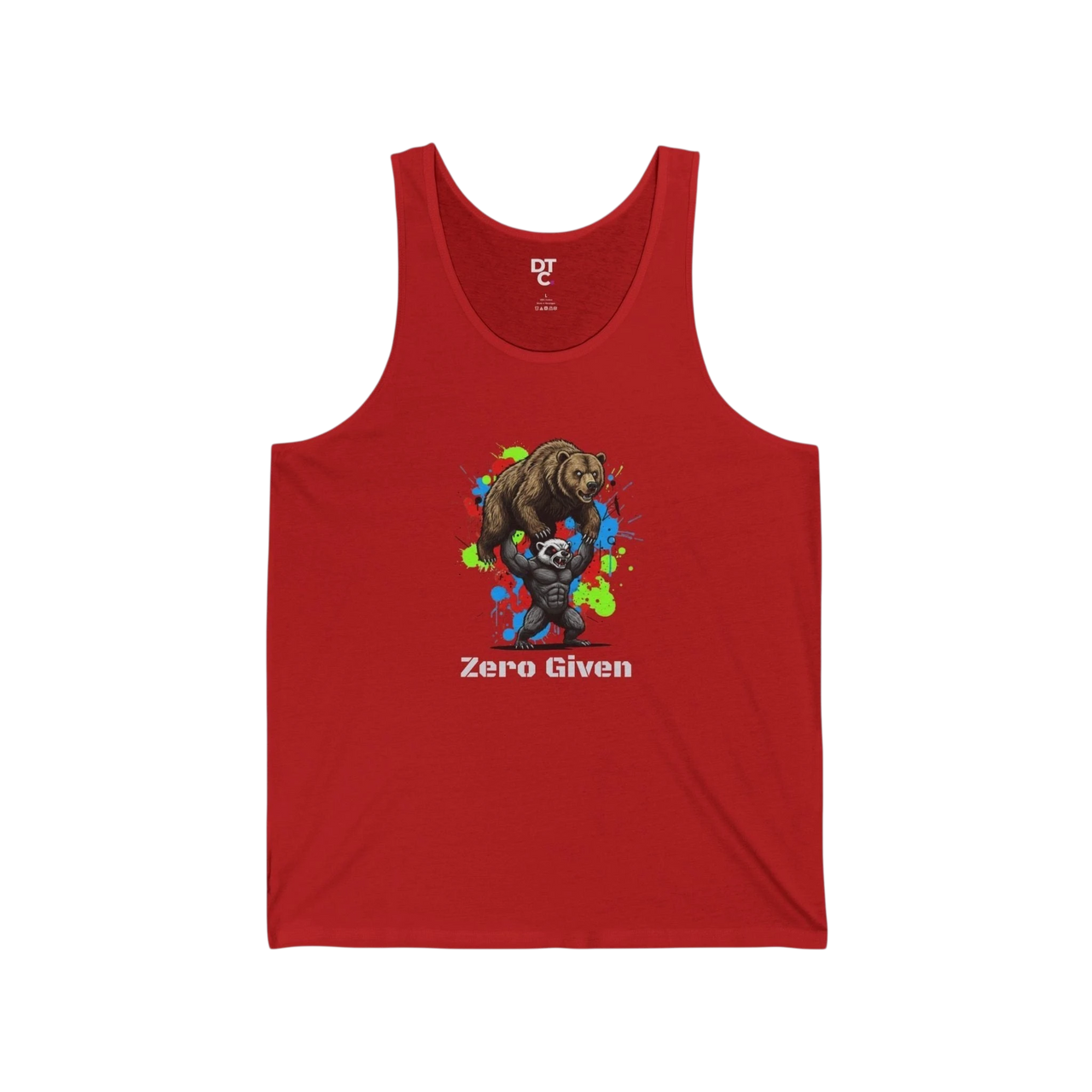 DailyThreadCo. red cotton graphic tank top with a bear lifting a honey badger and the text "Zero Given".