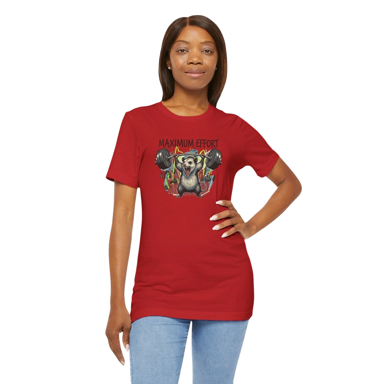 DailyThreadCo red 100% cotton t-shirt with a graphic of a possum lifting weights and the text "MAXIMUM EFFORT".