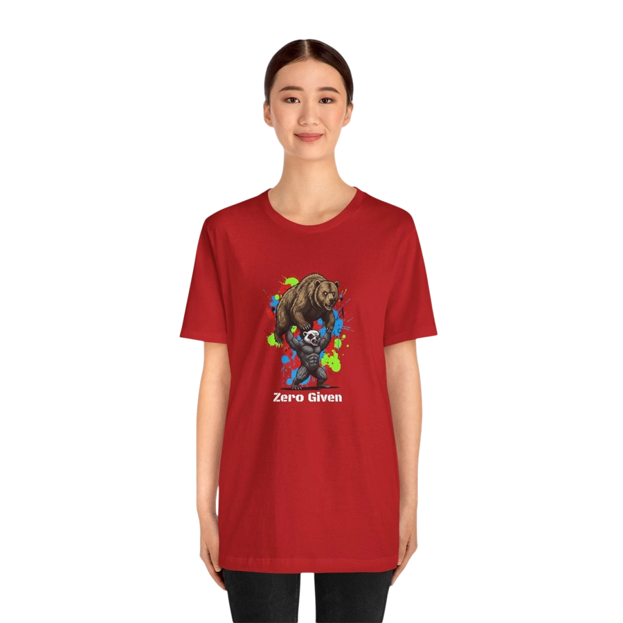 DailyThreadCo red 100% cotton t-shirt with 'Zero Given' graphic of a honey badger lifting a bear, paint splash background.