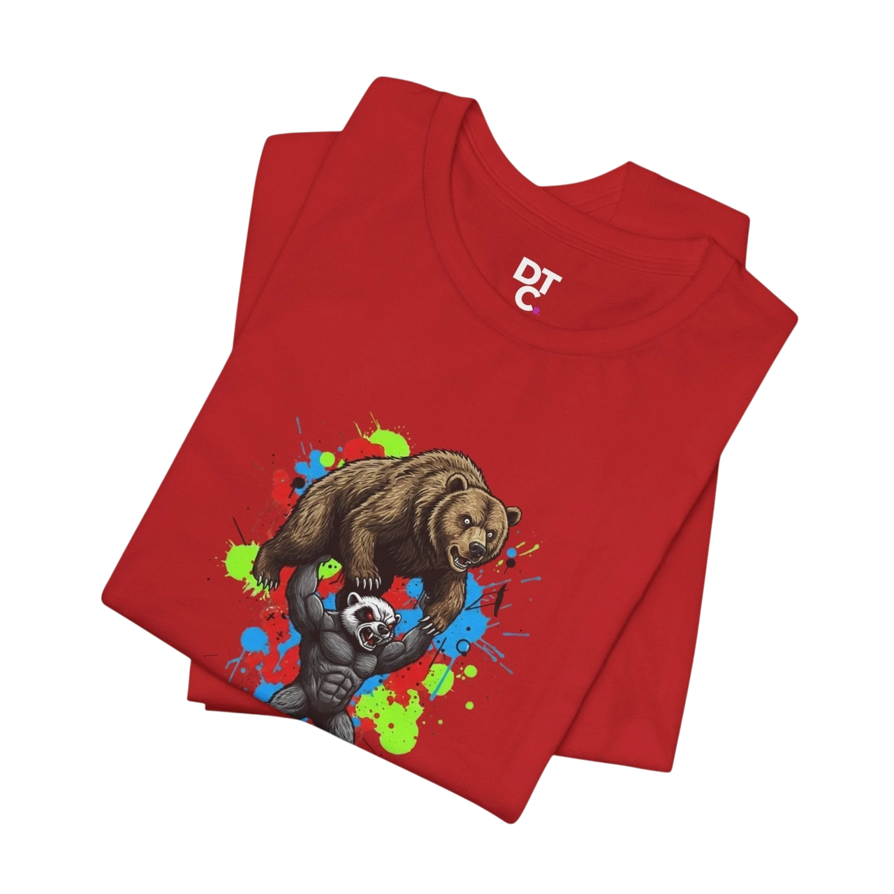 DailyThreadCo red 100% cotton t-shirt with graphic of a honey badger lifting a bear, set against a colorful paint splash background.