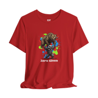 DailyThreadCo red 100% cotton t-shirt with 'Zero Given' graphic of a honey badger lifting a bear, set against a paint splash background.