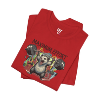 DailyThreadCo red 100% cotton t-shirt with a graphic of a possum lifting a barbell and the text 