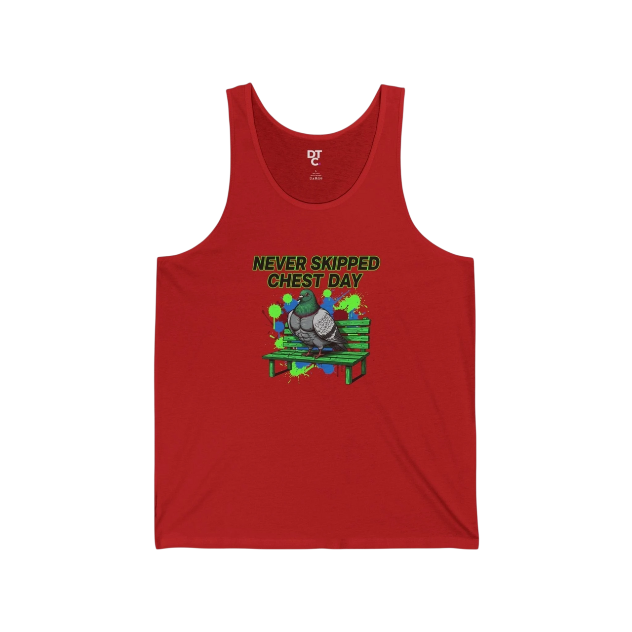 DailyThreadCo red 100% cotton tank top with a graphic of a muscular pigeon sitting on a green bench, with neon paint splatters and the text "NEVER SKIPPED CHEST DAY".