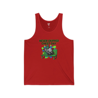 DailyThreadCo red 100% cotton tank top with a graphic of a muscular pigeon sitting on a green bench, with neon paint splatters and the text 
