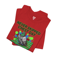 DailyThreadCo. red cotton t-shirt with a graphic print of a muscular pigeon on a bench, text reads 