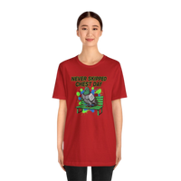 DailyThreadCo. red cotton t-shirt with a graphic print of a pigeon on a bench, text reads 