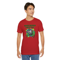 DailyThreadCo. red cotton t-shirt with a graphic print of a pigeon on a bench, text reads 