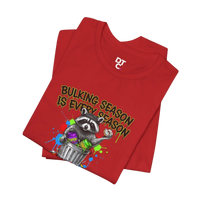 DailyThreadCo red 100% cotton t-shirt with a funny graphic of a raccoon in a trash can with the text 