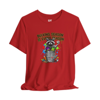 DailyThreadCo. red 100% cotton t-shirt with a funny graphic of a raccoon in a trash can with the text 
