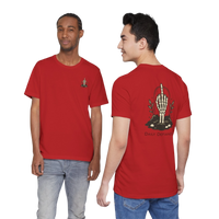 DailyThreadCo. red 100% cotton t-shirt with skeleton hand graphic on back and small chest emblem.