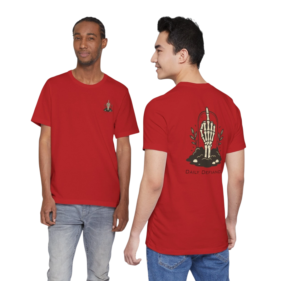 DailyThreadCo. red 100% cotton t-shirt with skeleton hand graphic on back and small chest emblem.