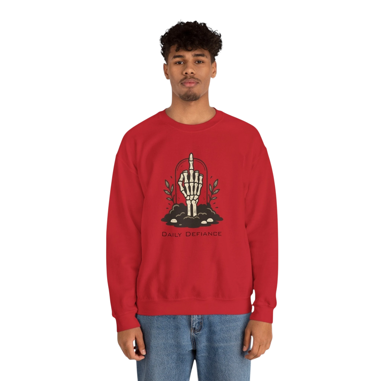 DailyThreadCo. red crewneck sweatshirt with a skeleton hand graphic giving the middle finger, surrounded by foliage and the words "Daily Defiance".