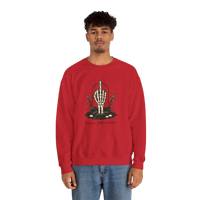 DailyThreadCo. red crewneck sweatshirt with a skeleton hand graphic giving the middle finger, surrounded by foliage and the words 