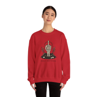 DailyThreadCo. red crewneck sweatshirt with a skeleton hand graphic giving the middle finger, surrounded by foliage and the words 