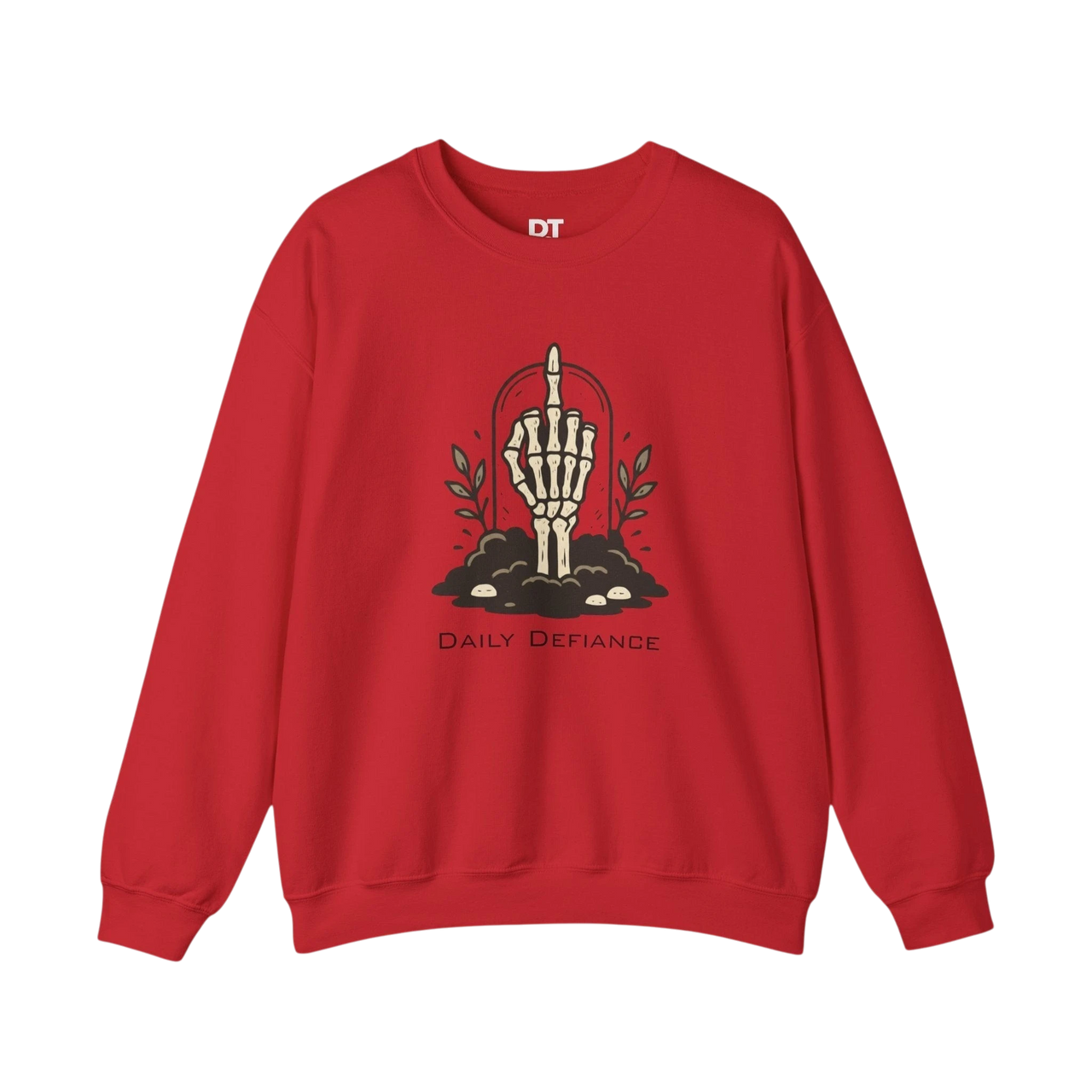 DailyThreadCo. red crewneck sweatshirt with a skeleton hand graphic giving the middle finger, surrounded by foliage and text.