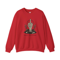 DailyThreadCo. red crewneck sweatshirt with a skeleton hand graphic giving the middle finger, surrounded by foliage and text.